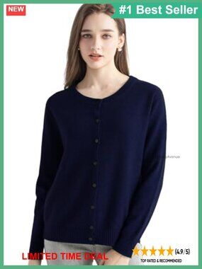 100% Pure Cashmere Cardigan Crew Neck Long Sleeve Warm Knit Sweater